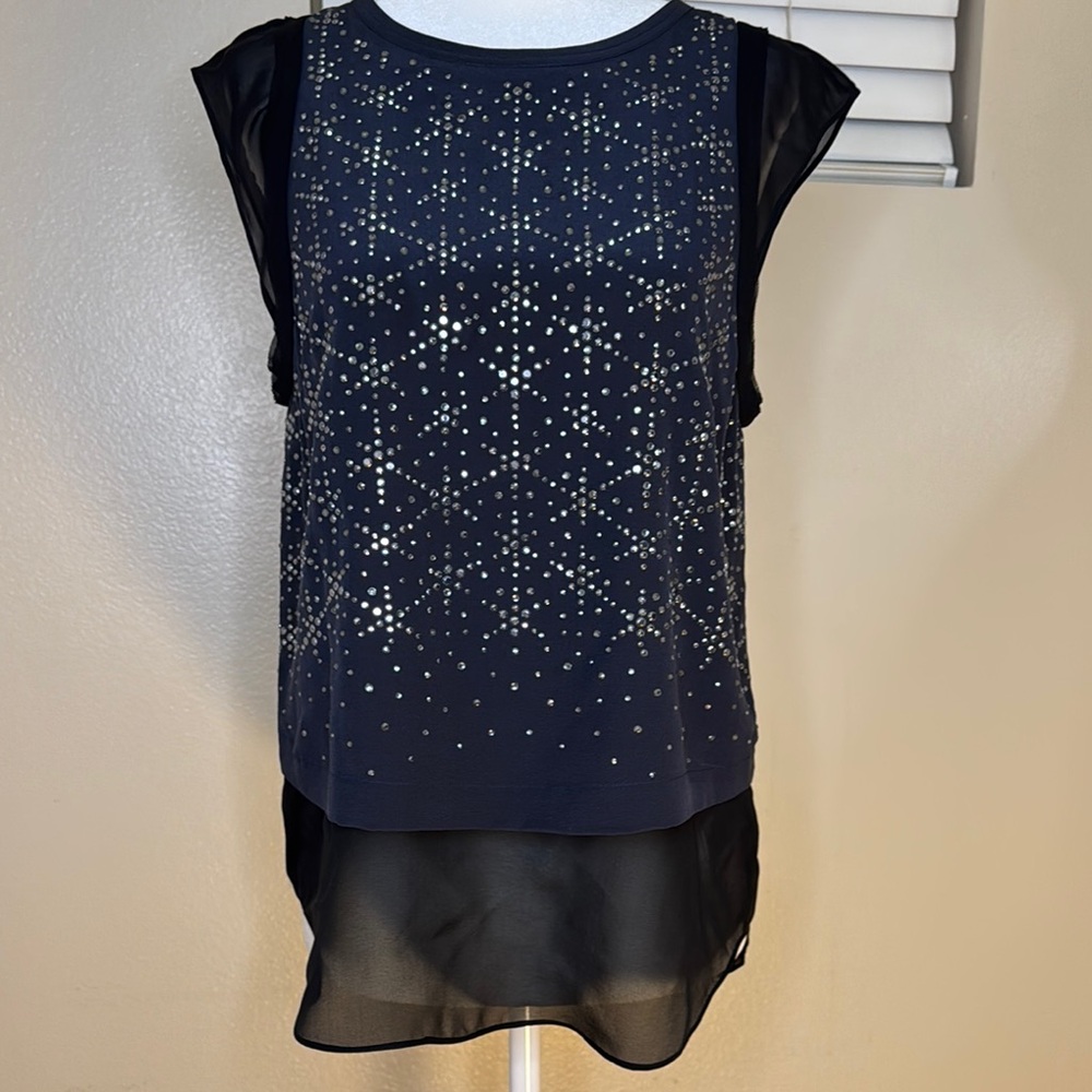Rebecca Taylor Navy Silk Sleeveless Crystal Studded Layered Blouse - Size 2